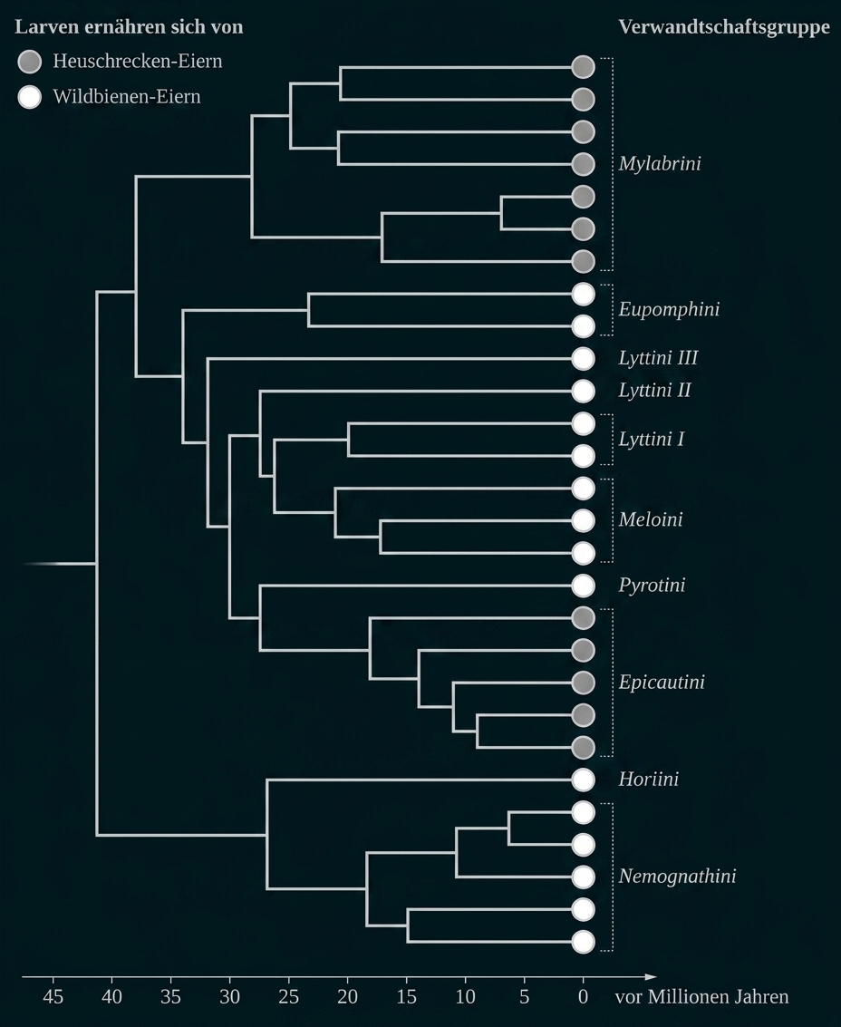 Stammbaumdiagramm verschiedener Käfergruppen mit Markierungen zu Larvennahrung und Zeitachse.
